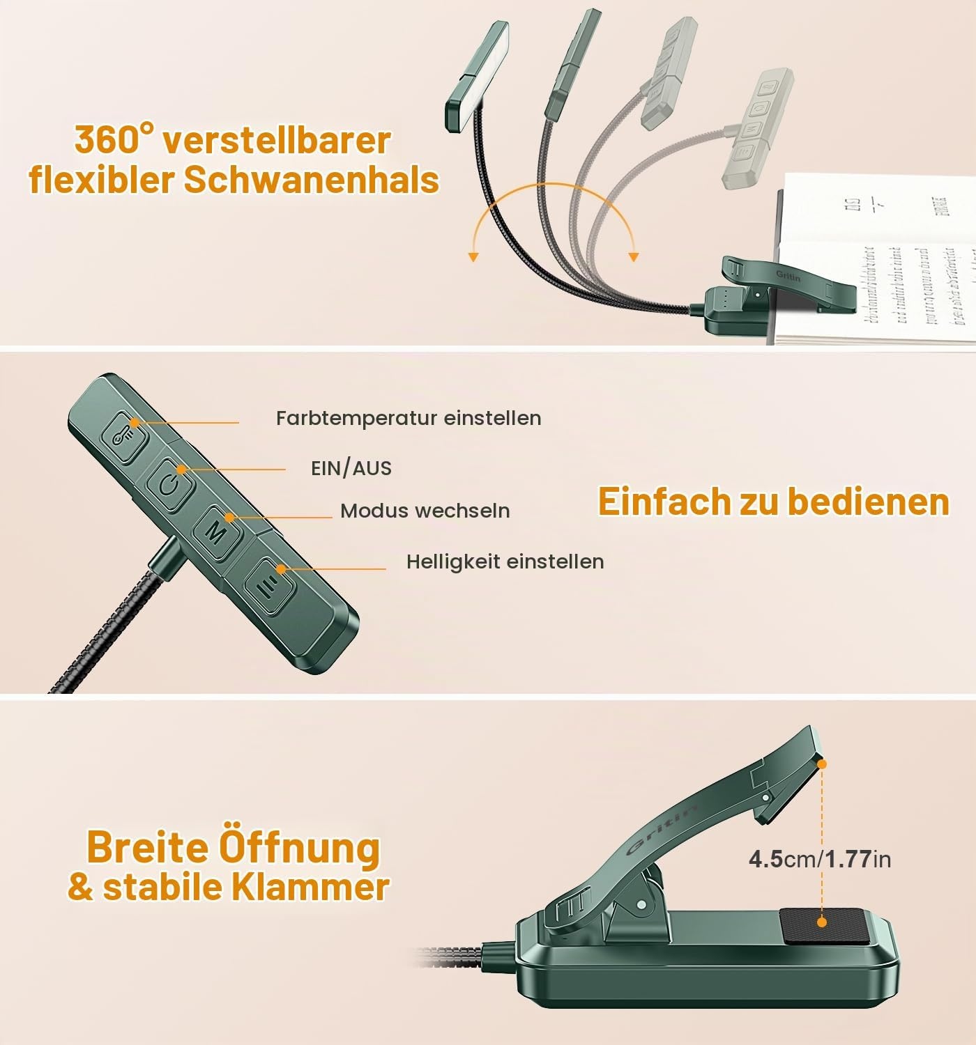image:imageGritin 2026 Gen 2 Leselampe Buch Klemme 32 Augenschonende VollspektrumLEDsWaldgrn