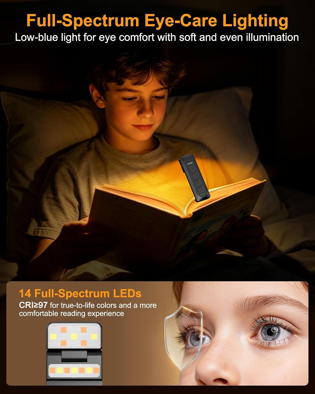 image:imageGritin 2026 Gen 3 Leselampe Buch Klemme mit 14 Augenpflege Vollspektrum LEDSchwarz