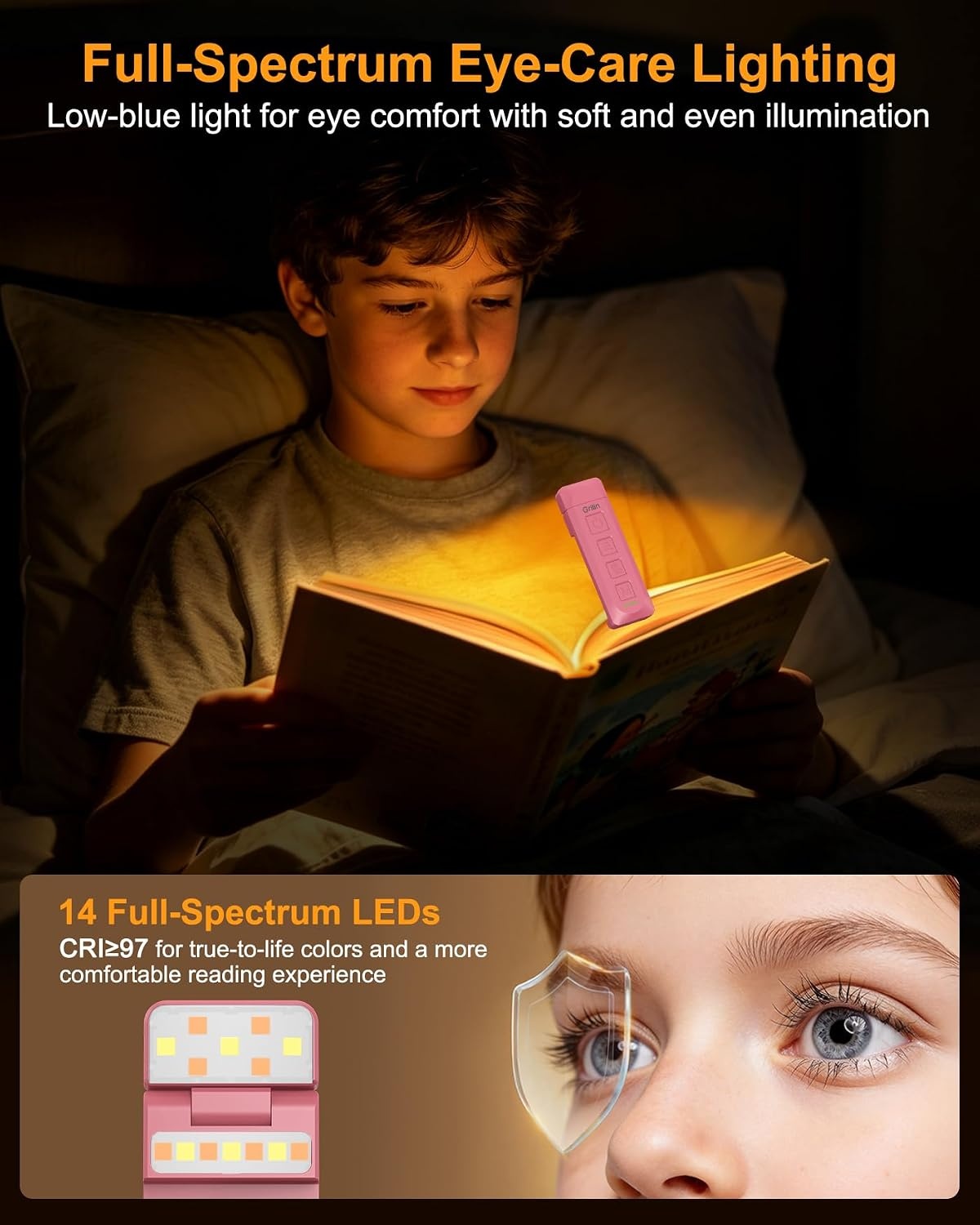 image:imageGritin 2026 Gen 3 Leselampe Buch Klemme mit 14 Augenpflege Vollspektrum LEDWarmrosa