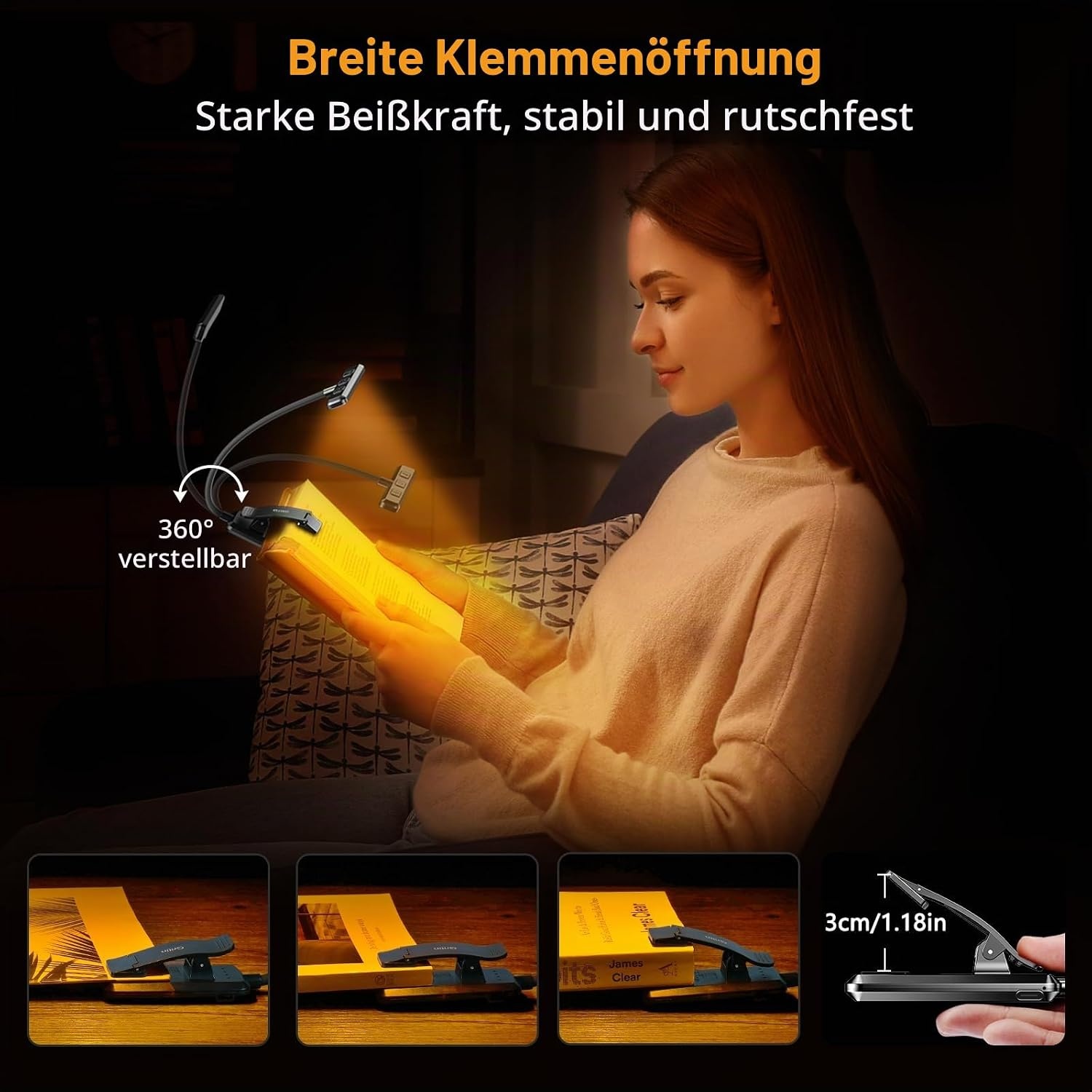 image:imageGritin Leselampe Buch Klemme USB Aufladbare Buchlampe mit 19 LEDsSchwarz