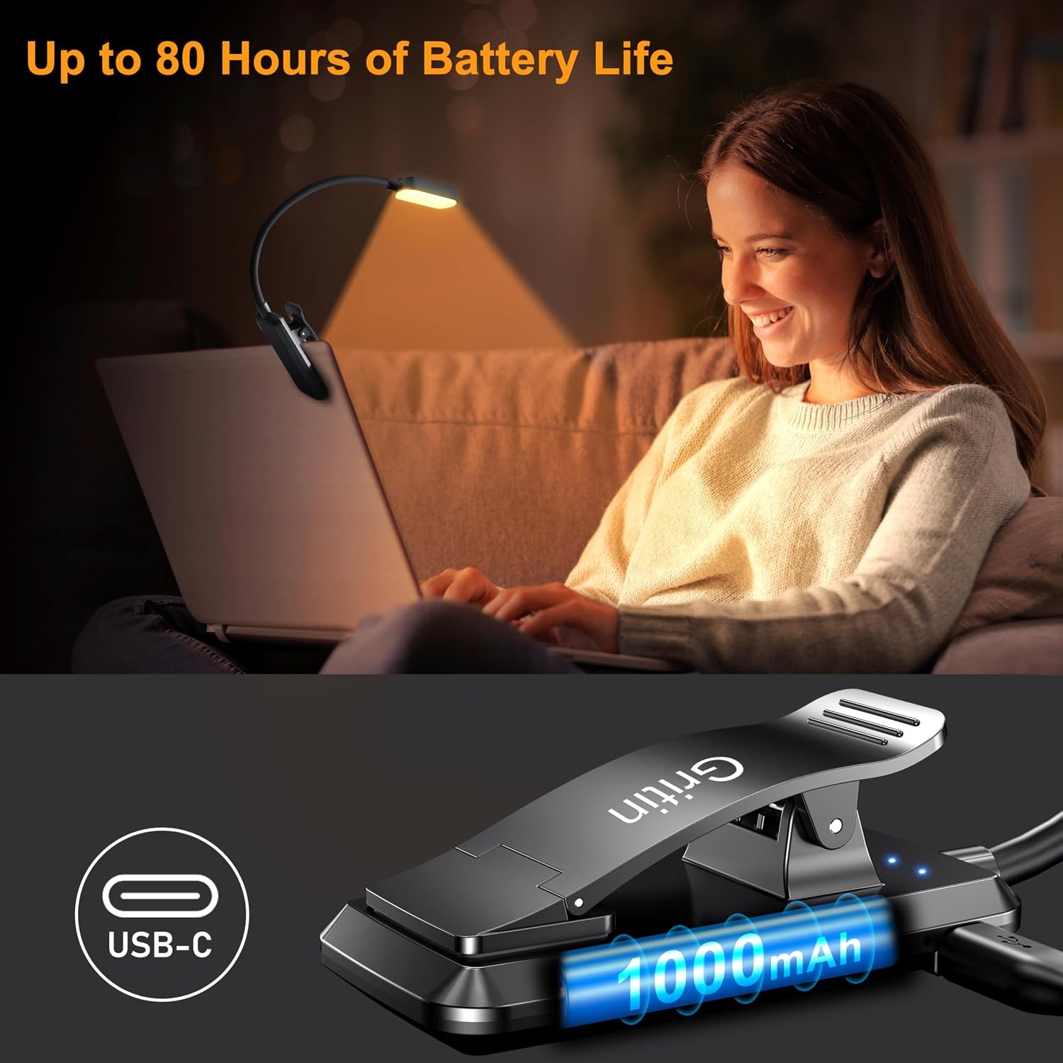 image:imageGritin Leselampe Buch Klemme USB C Wiederaufladbare Buchlampe mit 16 LEDsSchwarz