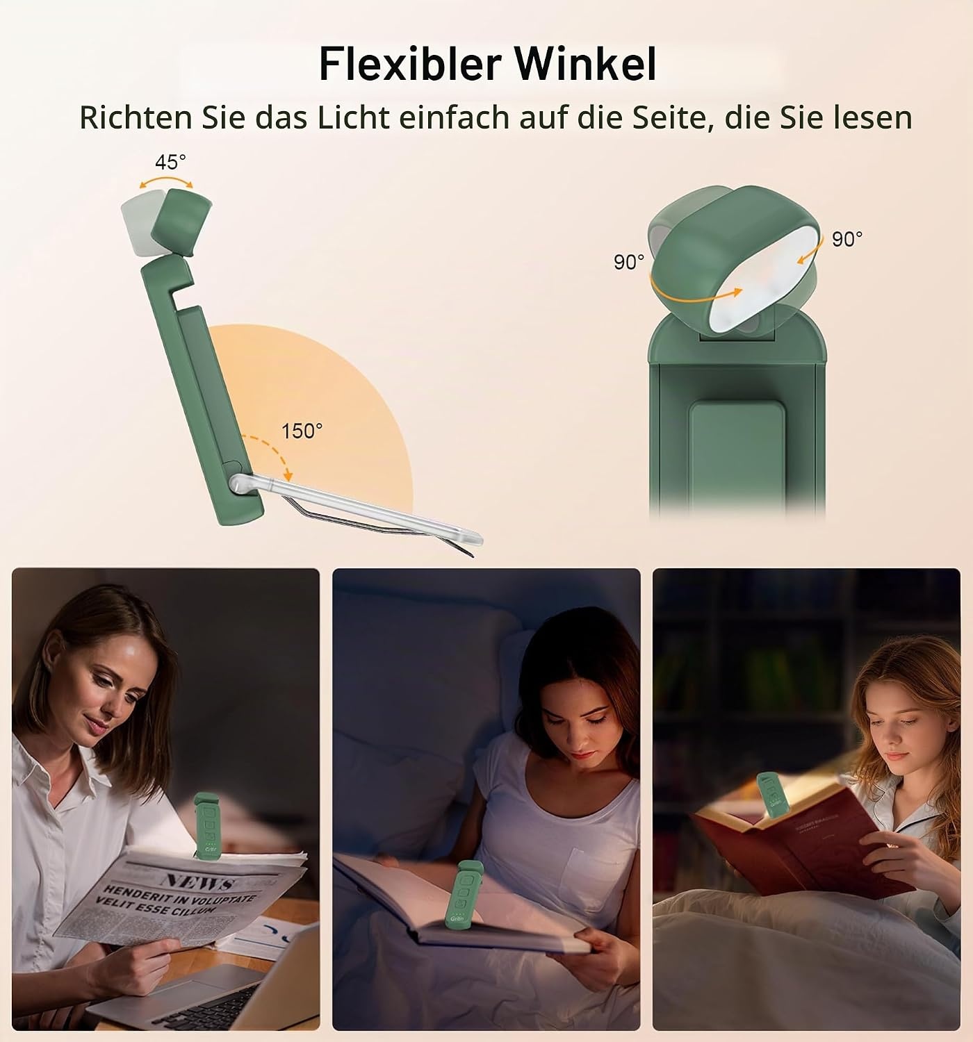 image:imageGritin Leselampe Buch Klemme Wiederaufladbare Buchlampe mit 7 LEDsDunkelgrn