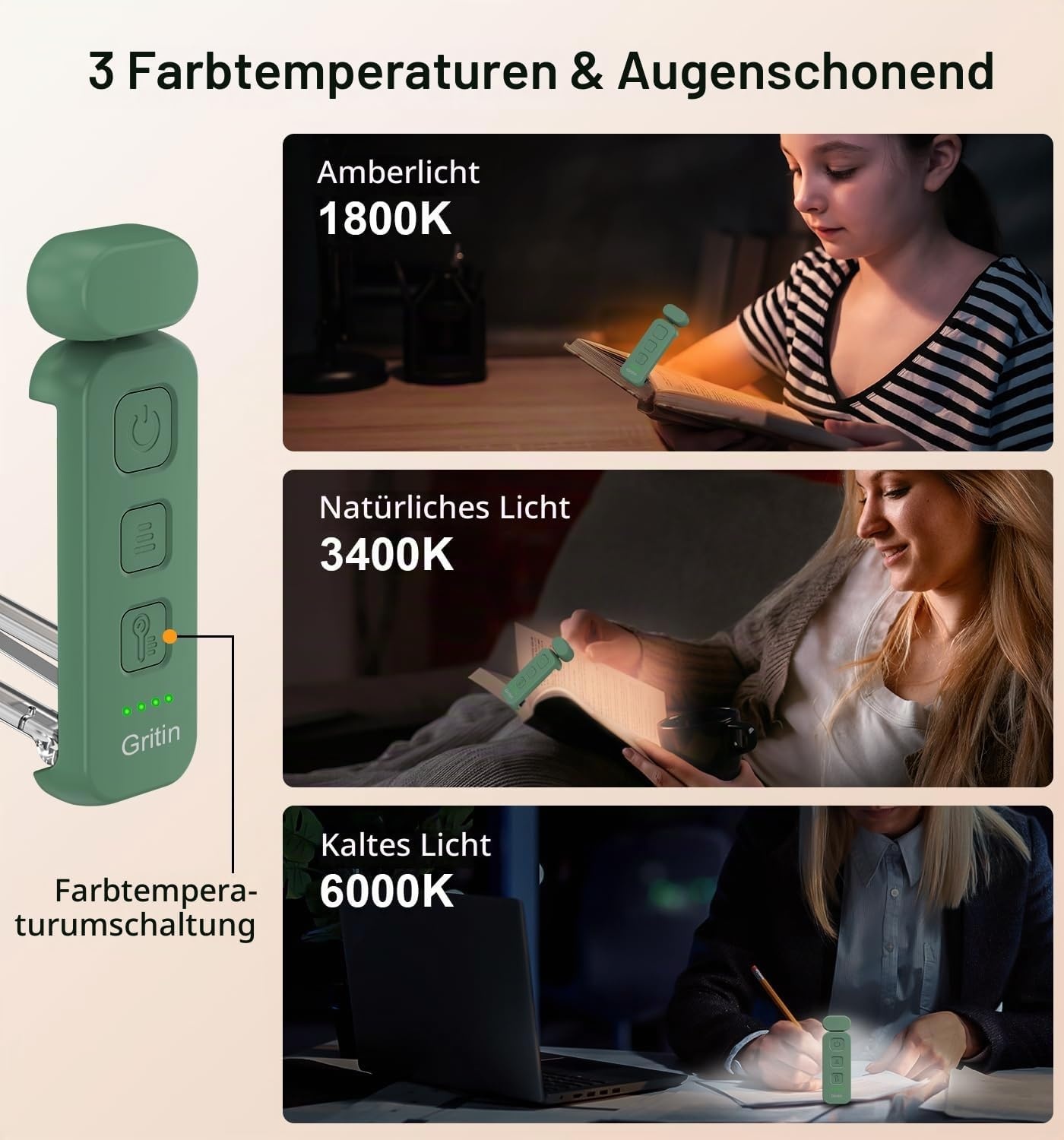 image:imageGritin Leselampe Buch Klemme Wiederaufladbare Buchlampe mit 7 LEDsDunkelgrn
