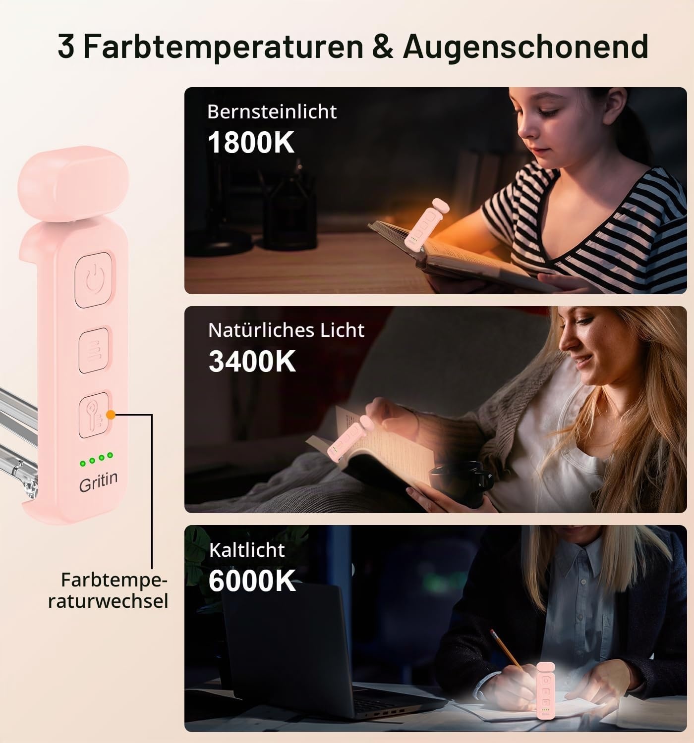 image:imageGritin Leselampe Buch Klemme Wiederaufladbare Buchlampe mit 7 LEDsPink
