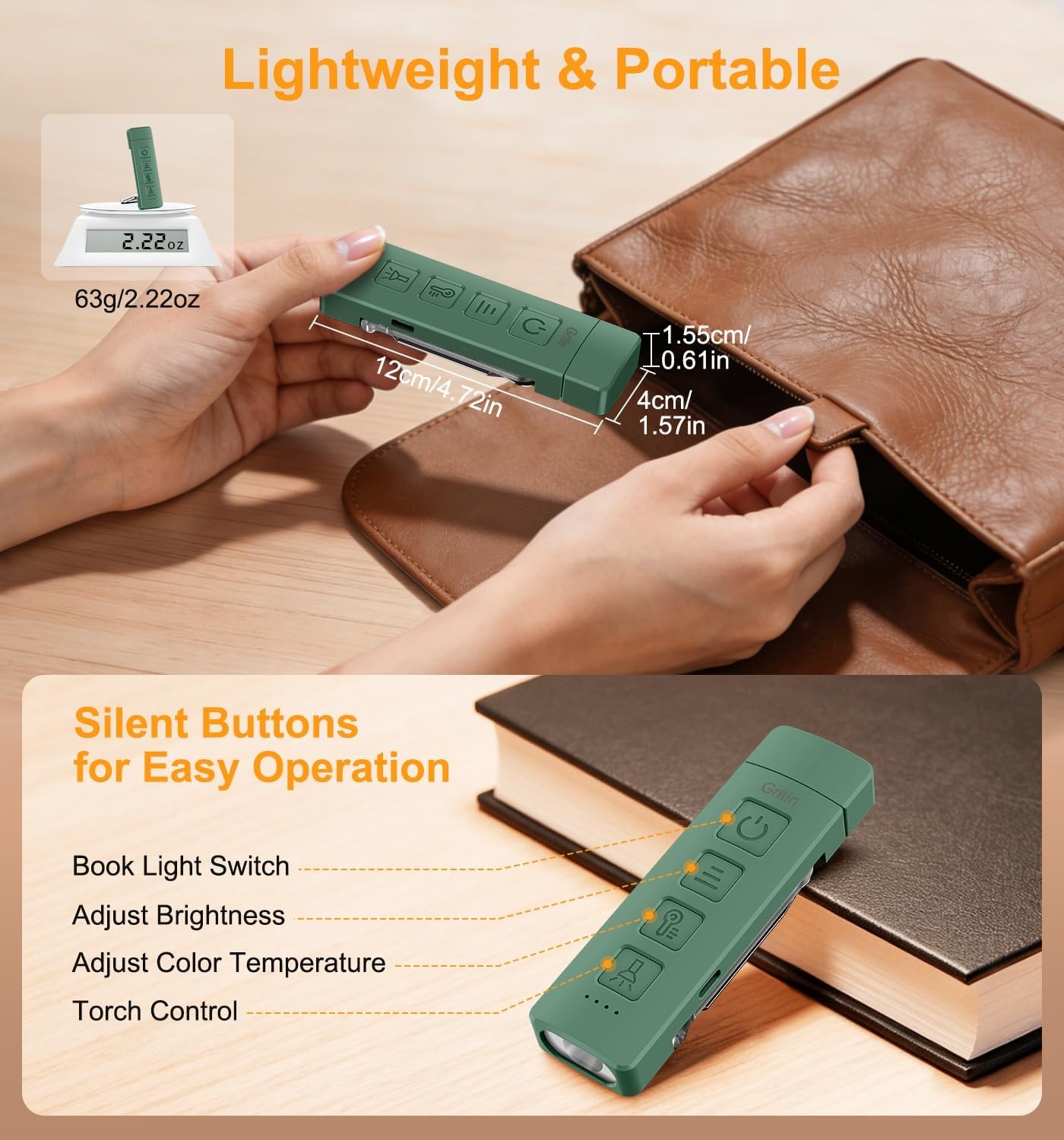 image:imageGritin Leselampe Buch Klemme mit Taschenlampe 1000mAh Buchlampe AufladbarDunkelgrn