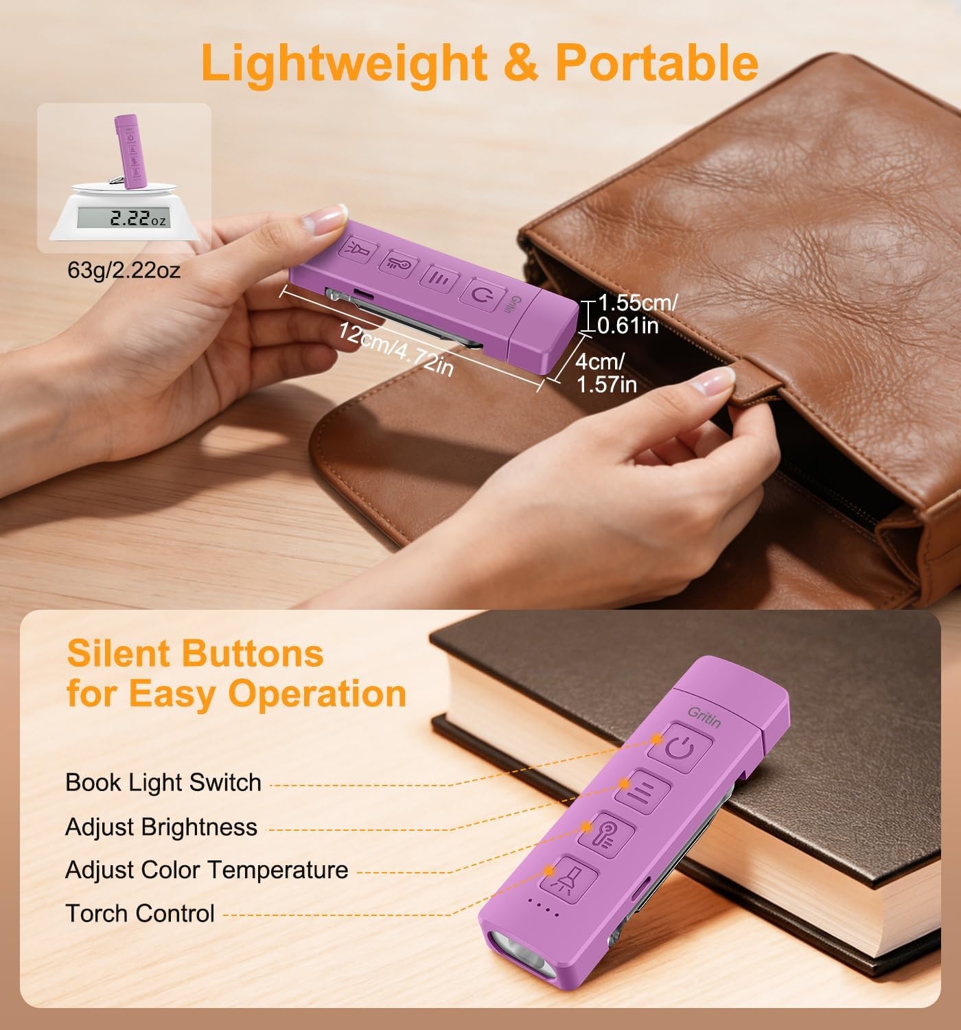 image:imageGritin Leselampe Buch Klemme mit Taschenlampe 1000mAh Buchlampe AufladbarDunkelviolett