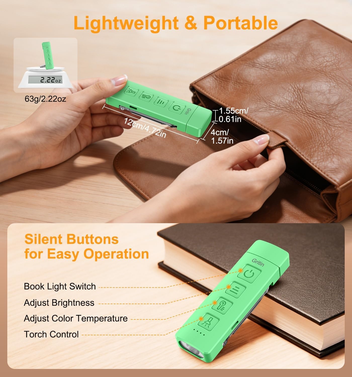 image:imageGritin Leselampe Buch Klemme mit Taschenlampe 1000mAh Buchlampe AufladbarGrn
