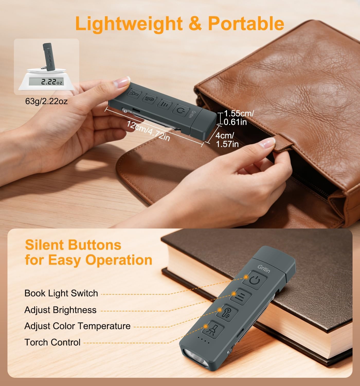 image:imageGritin Leselampe Buch Klemme mit Taschenlampe 1000mAh Buchlampe AufladbarMeeresblau