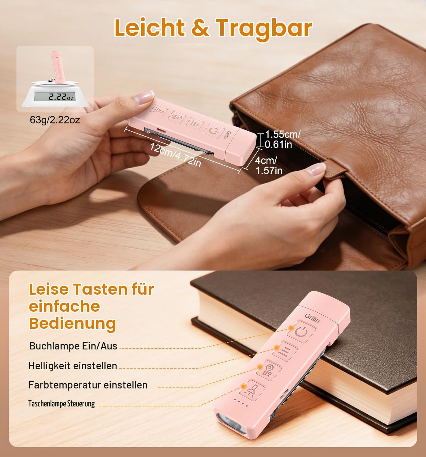 image:imageGritin Leselampe Buch Klemme mit Taschenlampe 1000mAh Buchlampe AufladbarRosa