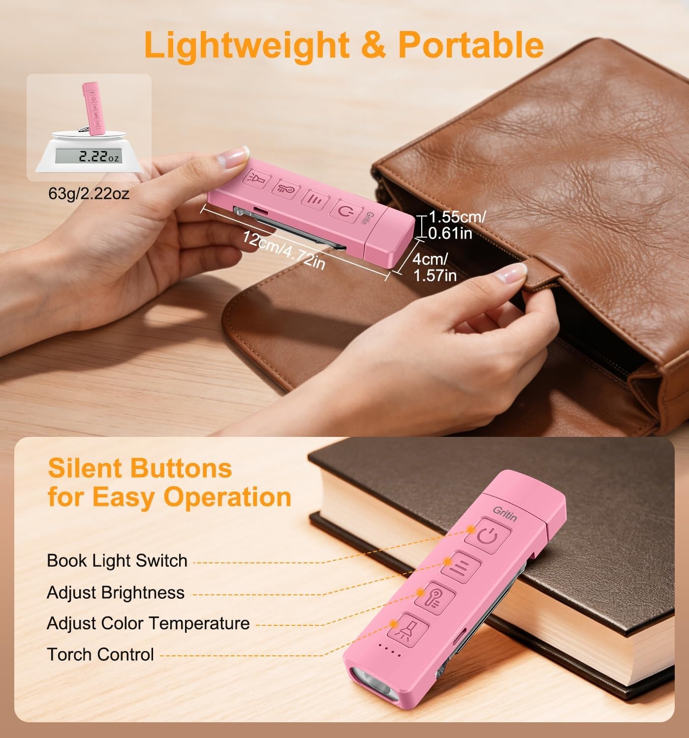 image:imageGritin Leselampe Buch Klemme mit Taschenlampe 1000mAh Buchlampe AufladbarRose