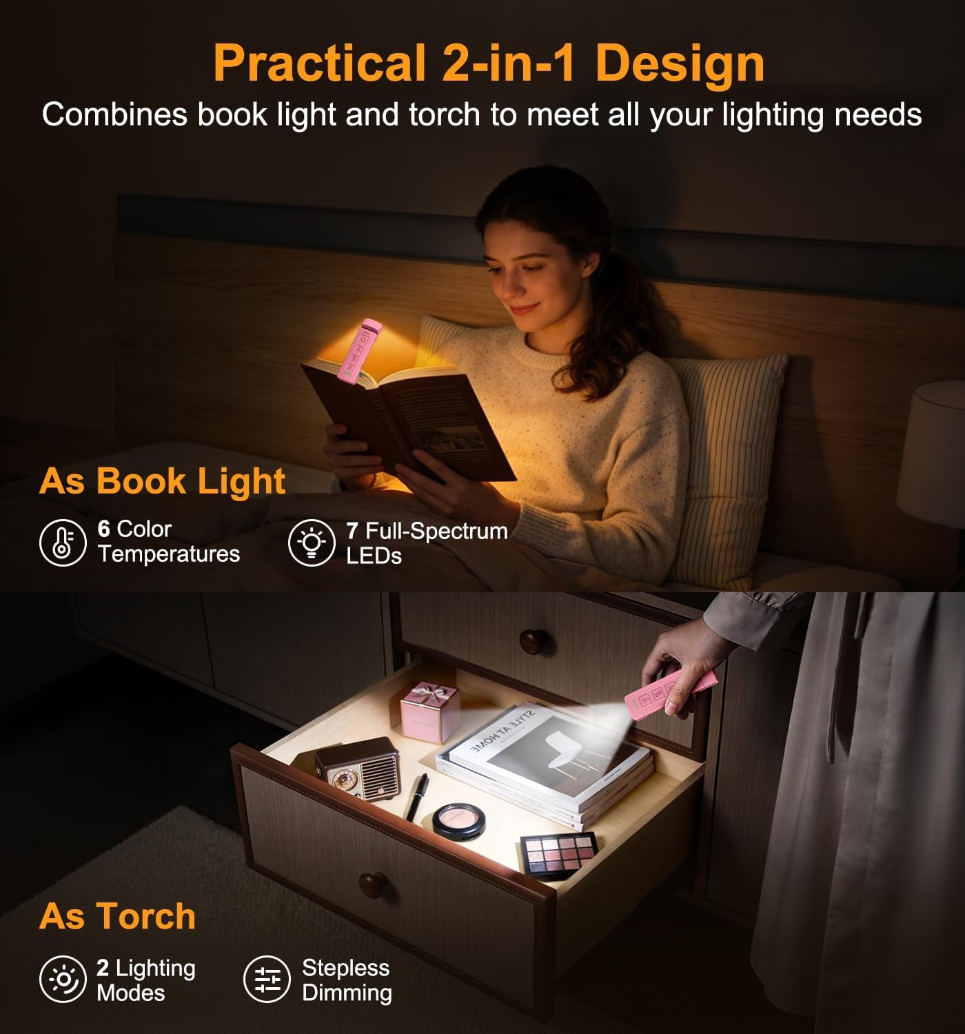 image:imageGritin Leselampe Buch Klemme mit Taschenlampe 1000mAh Buchlampe AufladbarRose