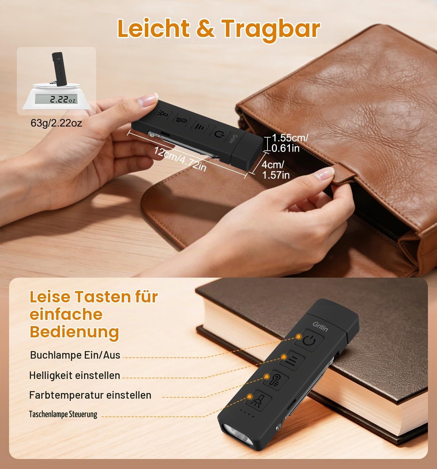 image:imageGritin Leselampe Buch Klemme mit Taschenlampe 1000mAh Buchlampe AufladbarSchwarz