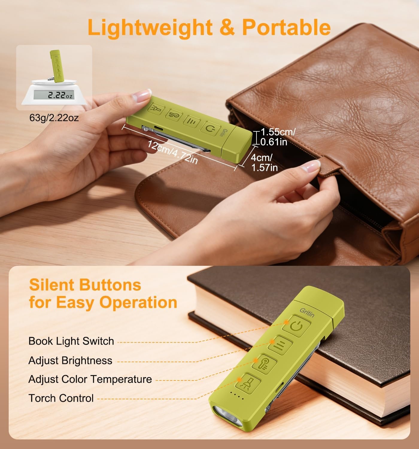 image:imageGritin Leselampe Buch Klemme mit Taschenlampe 1000mAh Buchlampe AufladbarWasabigrn